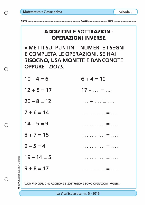 Addizioni E Sottrazioni Operazioni Inverse Addizioni E Sottrazioni Operazioni Inverse Giunti Scuola