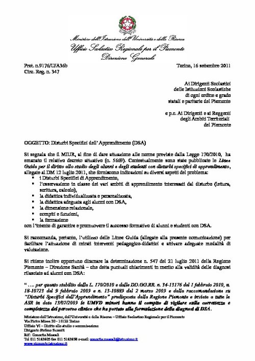 19. USR Piemonte - Prot. n. 9176/U/A36b - Circ. Reg. n. 347 [16/09/11] | Giunti Scuola