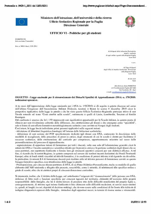 20. USR Puglia - Protocollo n. 9405-1-2011 del 12/01/2011 | Giunti Scuola