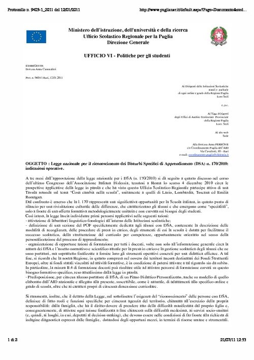 20. USR Puglia - Protocollo n. 9405-1-2011 del 12/01/2011 | Giunti Scuola 20. USR Puglia - Protocollo n. 9405-1-2011 del 12/01/2011 | Giunti Scuola