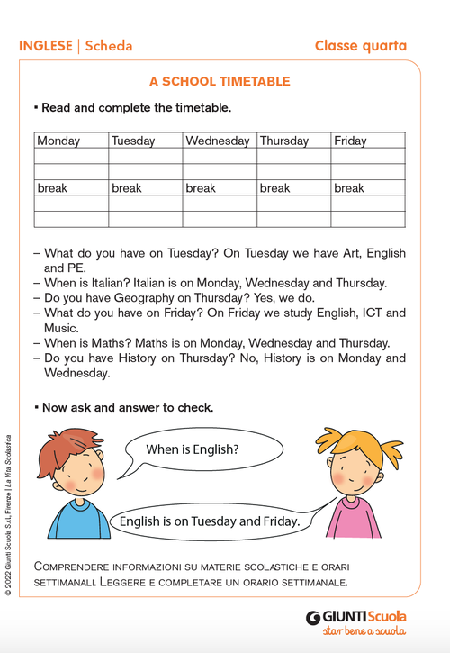 A school timetable | Giunti Scuola A school timetable | Giunti Scuola