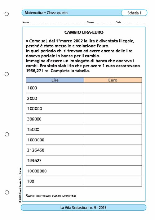Cambio Lira-Euro | Giunti Scuola Cambio Lira-Euro | Giunti Scuola