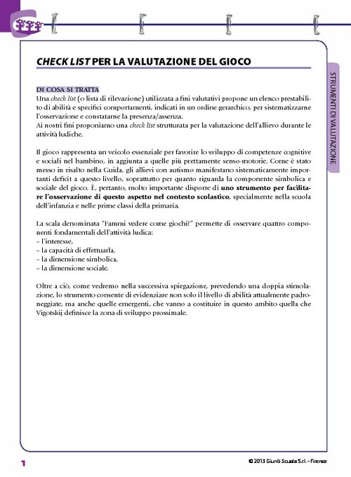 Check list per la valutazione del gioco | Giunti Scuola Check list per la valutazione del gioco | Giunti Scuola