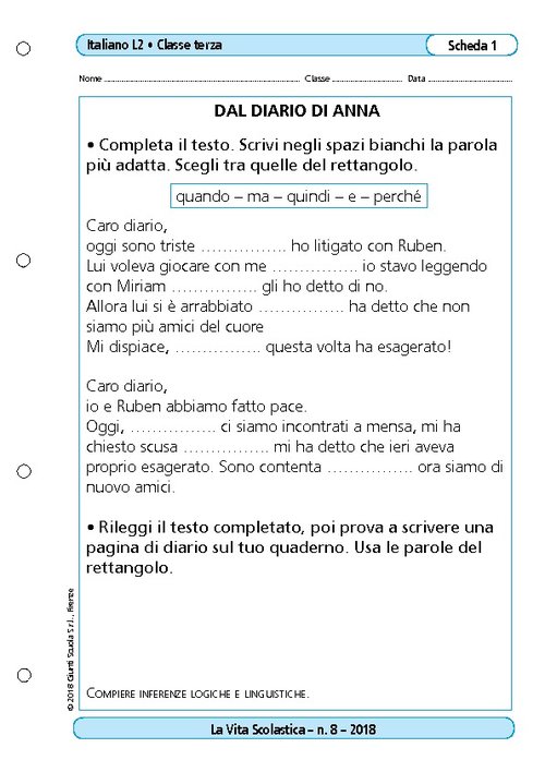 io e te scheda libro, Esercizi di Italiano