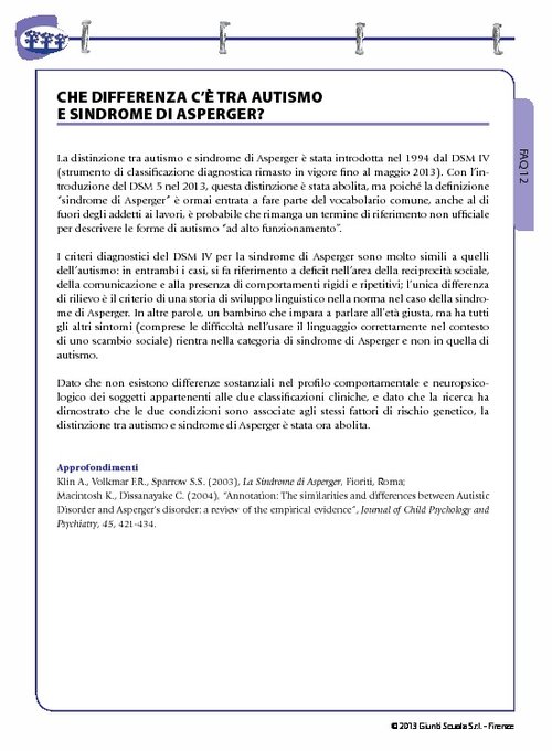 FAQ 12. Che differenza c'è tra autismo e sindrome di Asperger? | Giunti Scuola FAQ 12. Che differenza c'è tra autismo e sindrome di Asperger? | Giunti Scuola