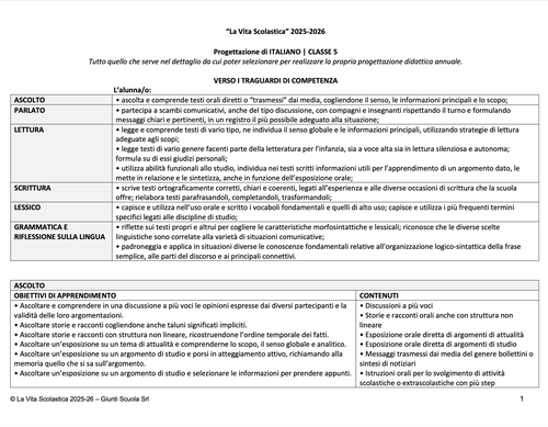 Progettazione in Word di Italiano | CL. 5 (2025-26) | Giunti Scuola