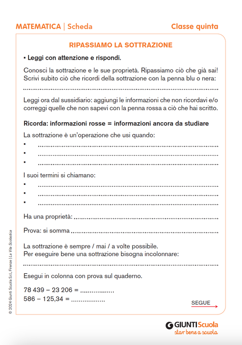 Ripassiamo la sottrazione | Giunti Scuola Ripassiamo la sottrazione | Giunti Scuola