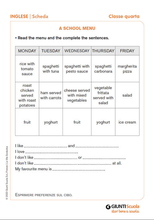A school menu | Giunti Scuola A school menu | Giunti Scuola