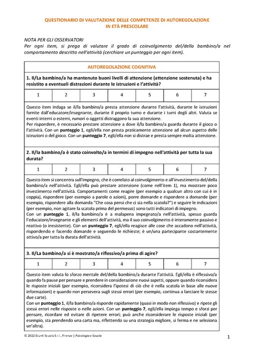 Questionario di valutazione delle competenze di autoregolazione in età prescolare | Giunti Scuola