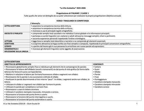 Progettazione in Word di Italiano | CL. 1 (2025-26) | Giunti Scuola