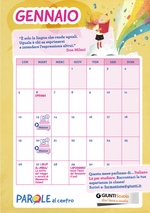 Calendario Parole al centro - Gennaio 2025 | Giunti Scuola Calendario Parole al centro - Gennaio 2025 | Giunti Scuola