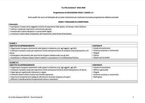 Progettazione in PDF di Ed. Fisica | CL. 1-5 (2025-26) | Giunti Scuola Progettazione in PDF di Ed. Fisica | CL. 1-5 (2025-26) | Giunti Scuola