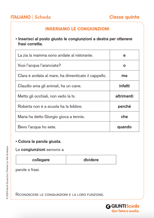 Inseriamo le congiunzioni | Giunti Scuola Inseriamo le congiunzioni | Giunti Scuola