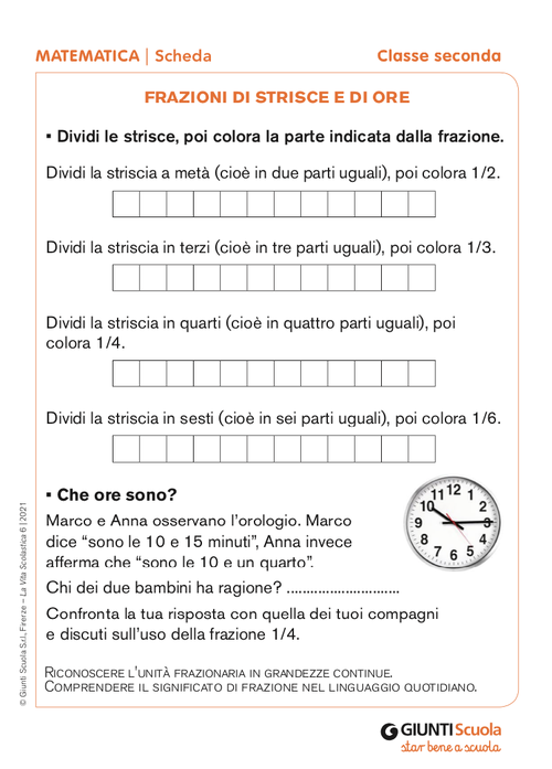 Frazioni di strisce e di ore | Giunti Scuola Frazioni di strisce e di ore | Giunti Scuola