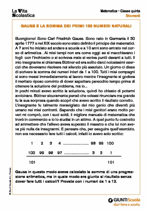 Gauss e la somma dei primi 100 numeri naturali | Giunti Scuola Gauss e la somma dei primi 100 numeri naturali | Giunti Scuola