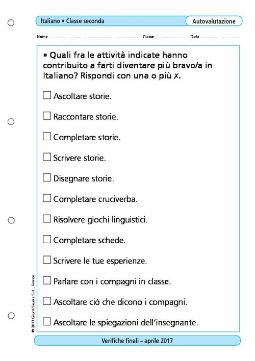 Griglia di autovalutazione: Italiano, classe 2 | Giunti Scuola