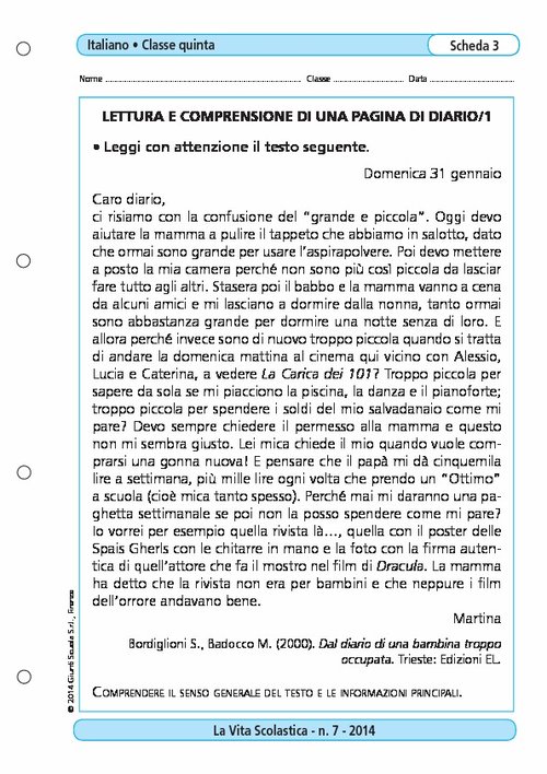 Lettura e comprensione di una pagina di diario/1 - Lettura e comprensione di  una pagina di diario/1