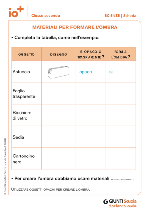 Materiali per formare l'ombra | Giunti Scuola Materiali per formare l'ombra | Giunti Scuola