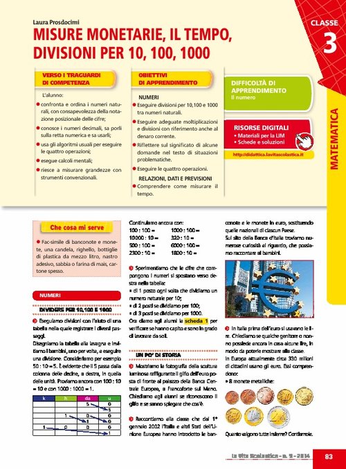 Misure monetarie, il tempo, divisioni per 10, 100, 1000 | Giunti Scuola Misure monetarie, il tempo, divisioni per 10, 100, 1000 | Giunti Scuola