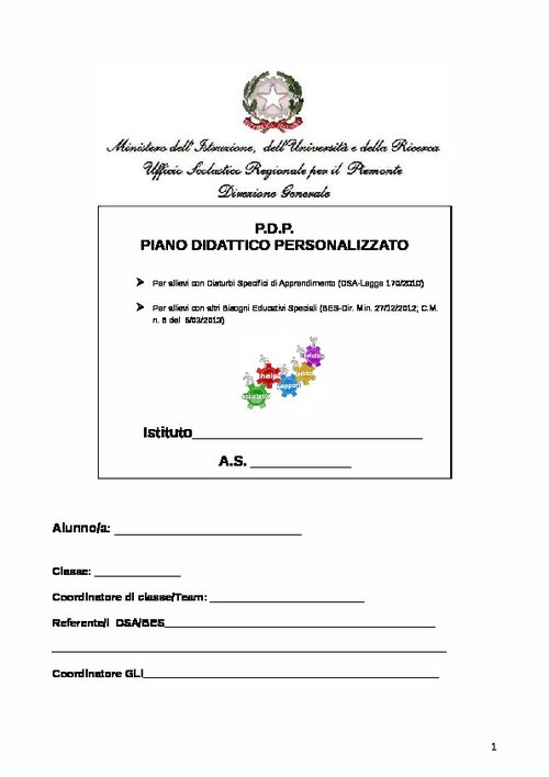 Modello di Piano Didattico Personalizzato della Regione Piemonte | Giunti Scuola Modello di Piano Didattico Personalizzato della Regione Piemonte | Giunti Scuola