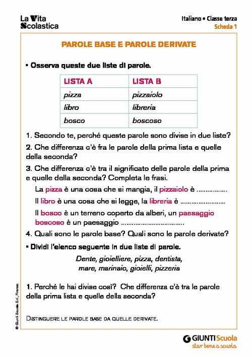 Parole base e parole derivate | Giunti Scuola Parole base e parole derivate | Giunti Scuola