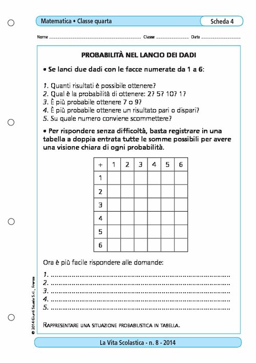 Probabilità nel lancio dei dadi | Giunti Scuola Probabilità nel lancio dei dadi | Giunti Scuola