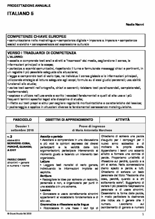 Progettazione annuale: Italiano, classe 5 (Doc) | Giunti Scuola Progettazione annuale: Italiano, classe 5 (Doc) | Giunti Scuola
