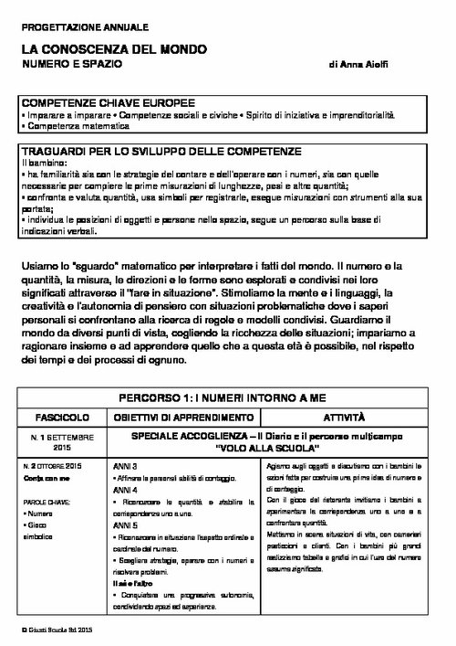 Progettazione annuale: La conoscenza del mondo - Numero e spazio (Word) | Giunti Scuola