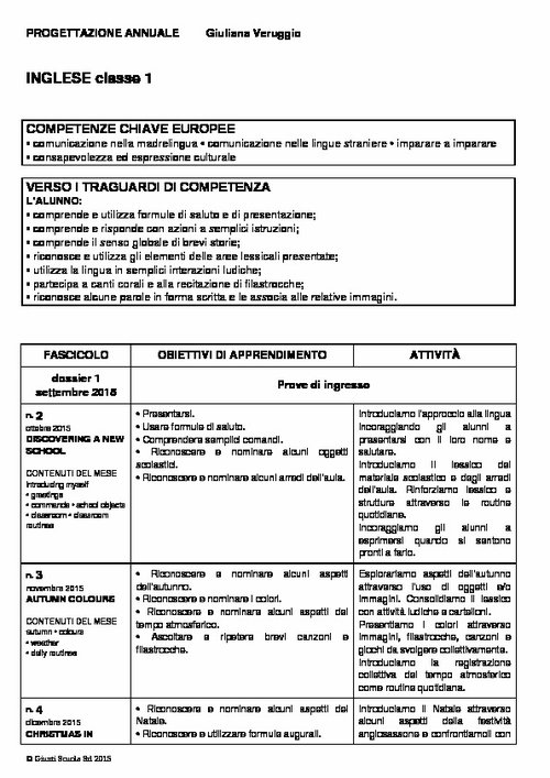 Progettazione annuale: Lingua Inglese, classe 1 (Word) | Giunti Scuola