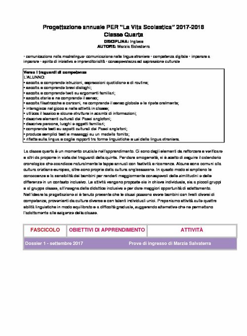 Progettazione annuale: Lingua Inglese, classe 4 (Doc) | Giunti Scuola Progettazione annuale: Lingua Inglese, classe 4 (Doc) | Giunti Scuola