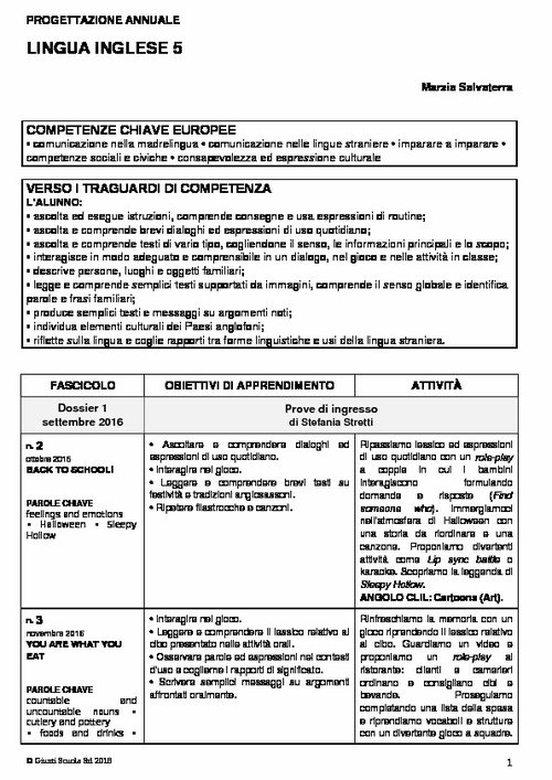 Progettazione annuale: Lingua Inglese, classe 5 (Doc) | Giunti Scuola Progettazione annuale: Lingua Inglese, classe 5 (Doc) | Giunti Scuola