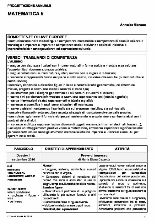 Progettazione annuale: Matematica, classe 5 (Doc) | Giunti Scuola Progettazione annuale: Matematica, classe 5 (Doc) | Giunti Scuola