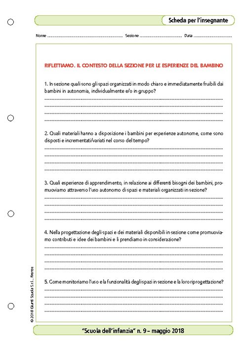 Riflettiamo. Il contesto della sezione per le esperienze del bambino | Giunti Scuola Riflettiamo. Il contesto della sezione per le esperienze del bambino | Giunti Scuola