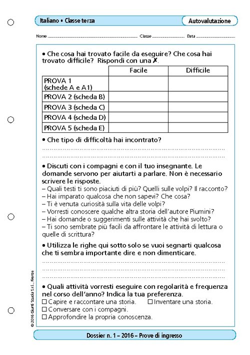 Schede di autovalutazione: Italiano, classe 3 | Giunti Scuola