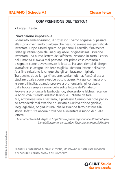 Schede prove di ingresso | Italiano 3 | Giunti Scuola Schede prove di ingresso | Italiano 3 | Giunti Scuola