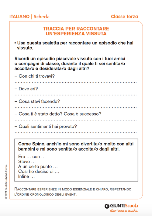Traccia per raccontare un'esperienza vissuta | Giunti Scuola