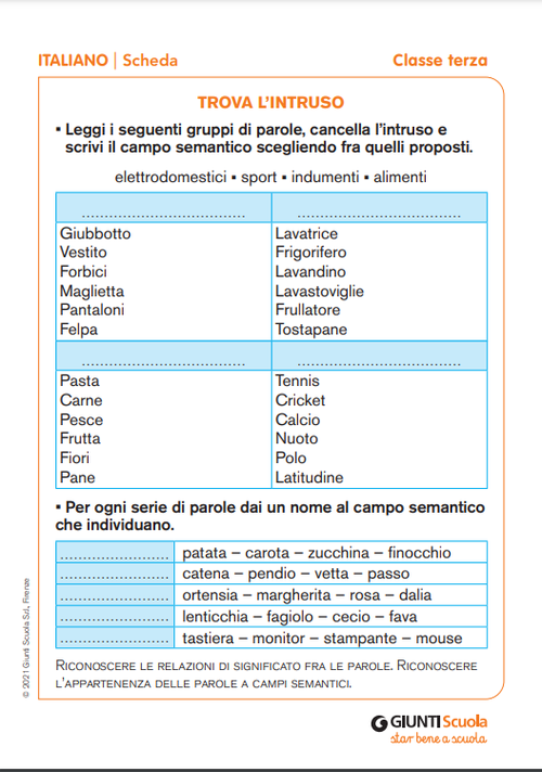 Trova l'intruso e campi semantici | Giunti Scuola